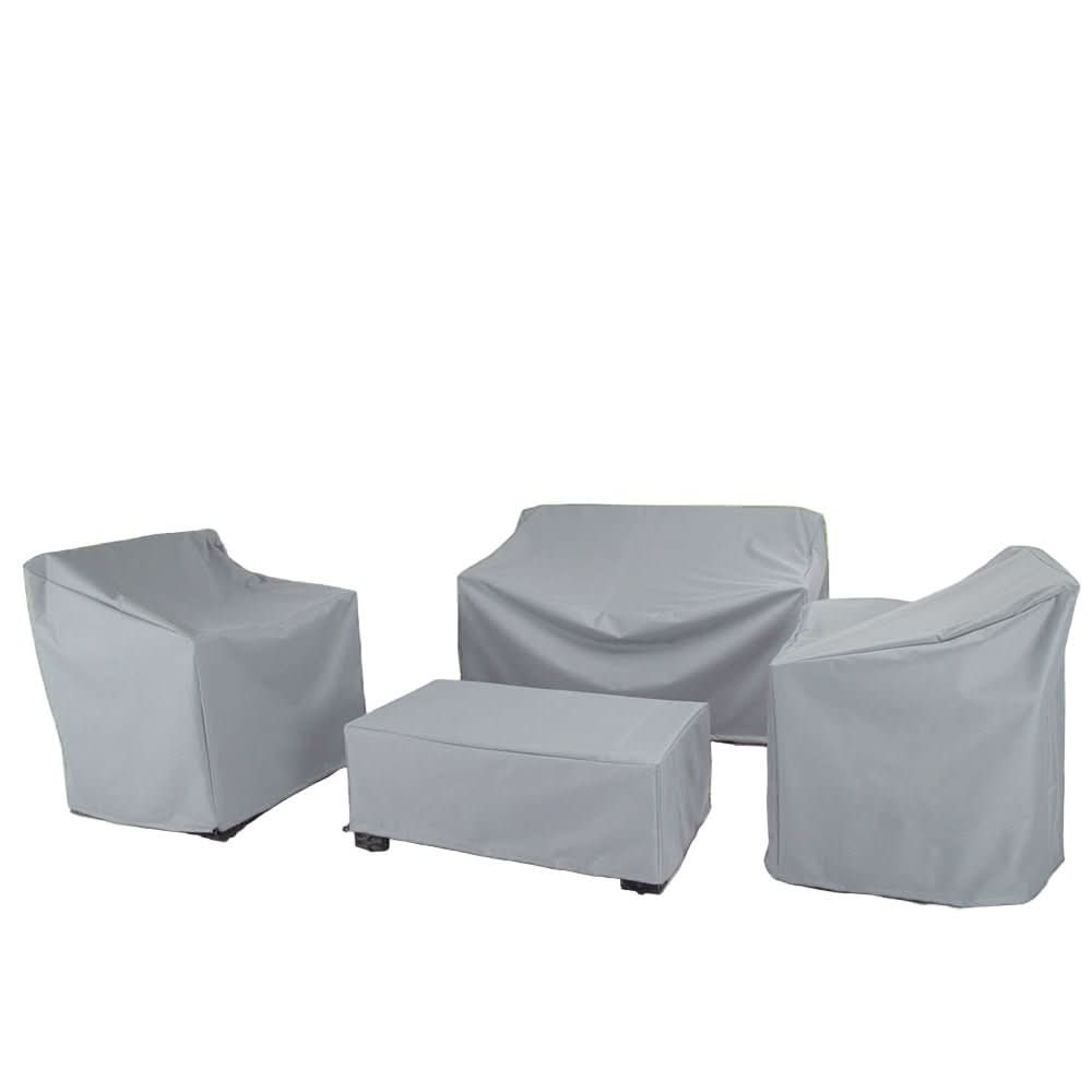 Weather-resistant cover fitted over outdoor patio furniture