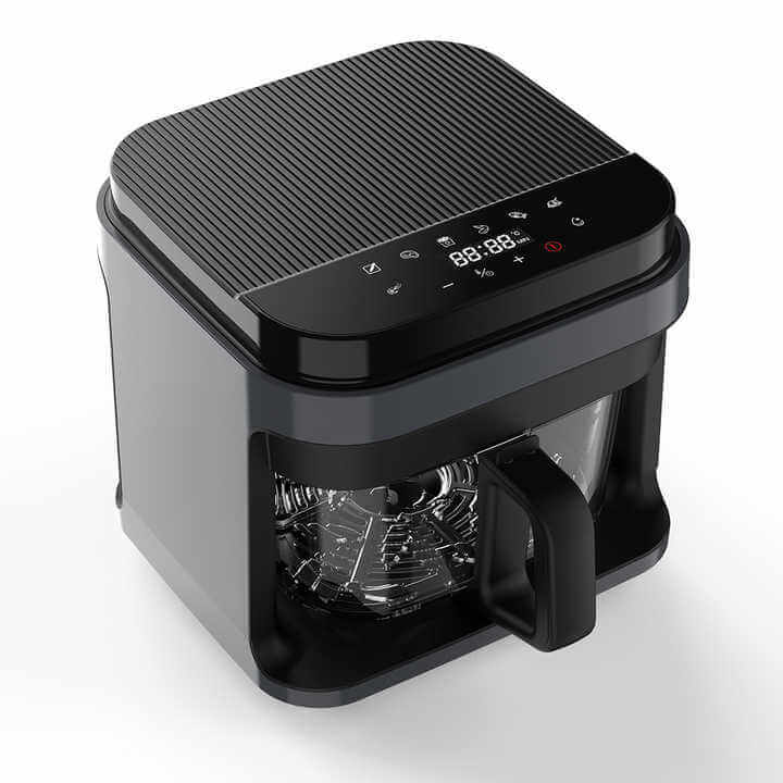 Black air fryer with clear glass basket and digital touch controls