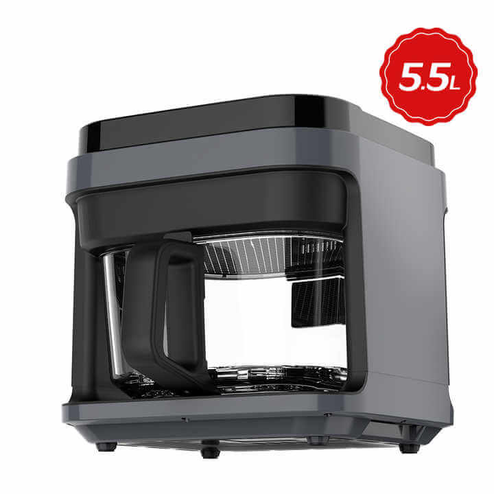 Black air fryer with clear glass basket and digital touch controls