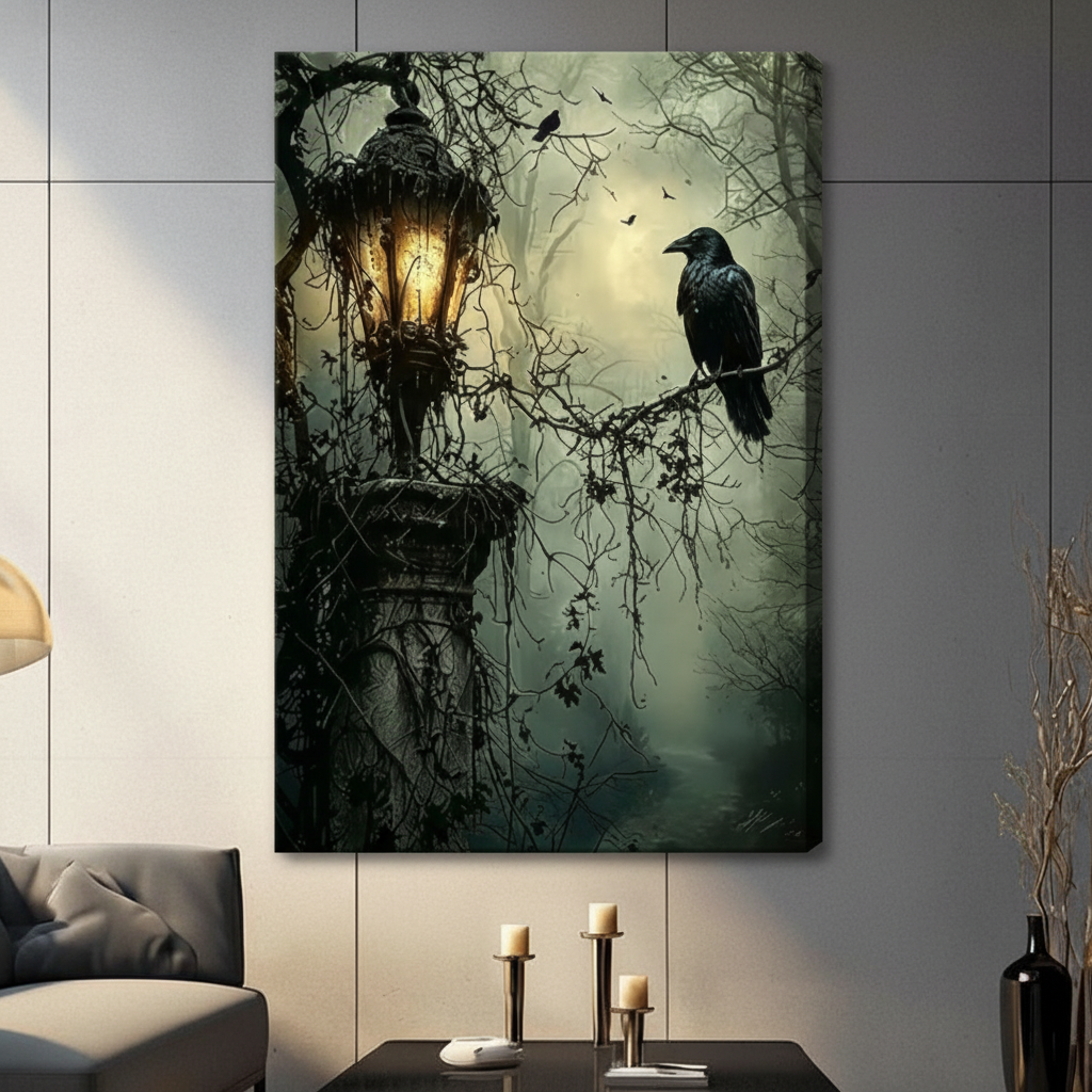 Dark green canvas wall art showing a raven, glowing lantern and forest branches