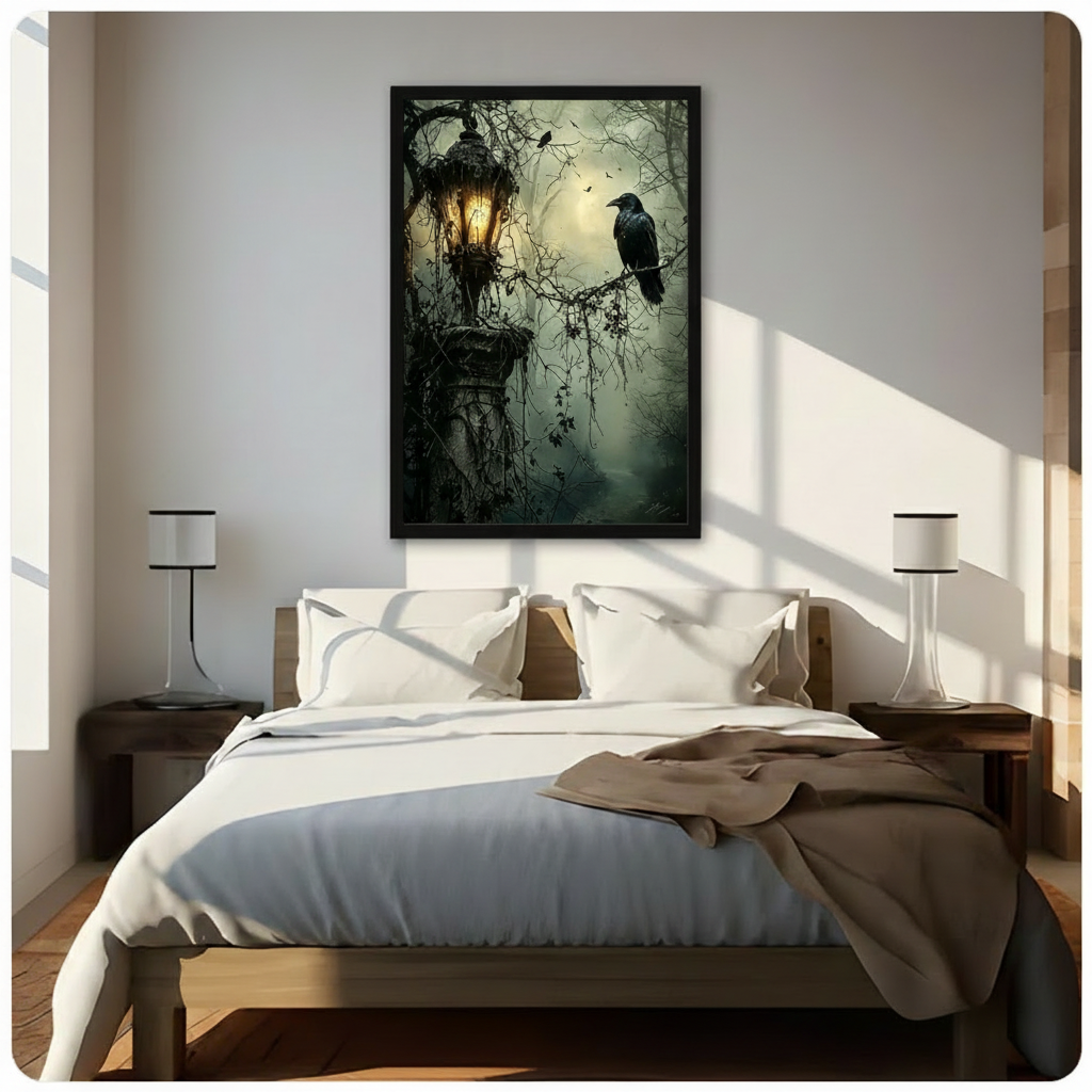 Dark green canvas wall art showing a raven, glowing lantern and forest branches