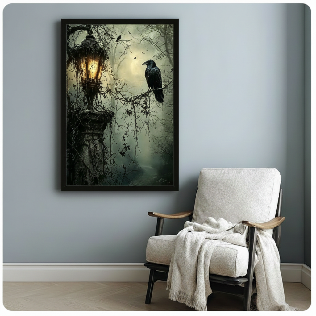 Dark green canvas wall art showing a raven, glowing lantern and forest branches
