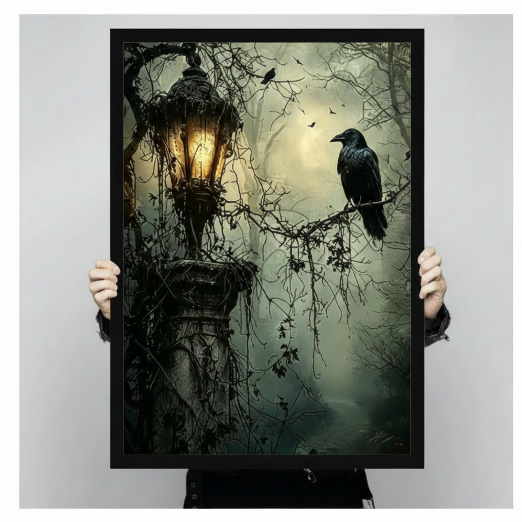 Dark green canvas wall art showing a raven, glowing lantern and forest branches