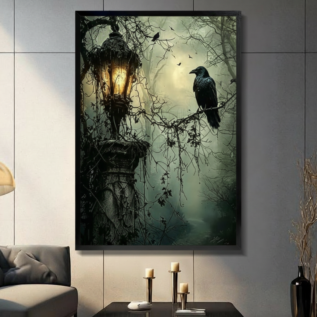 Dark green canvas wall art showing a raven, glowing lantern and forest branches