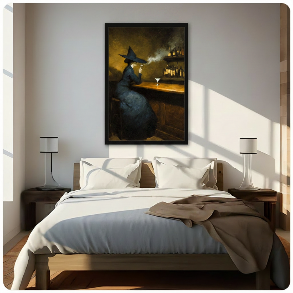 Framed canvas wall art showing a witch seated at a bar with a martini glass