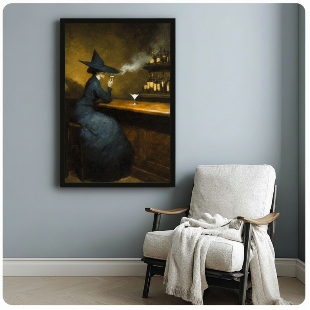 Framed canvas wall art showing a witch seated at a bar with a martini glass