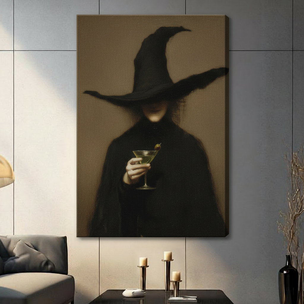 Dark gothic canvas wall art showing a witch holding a martini glass