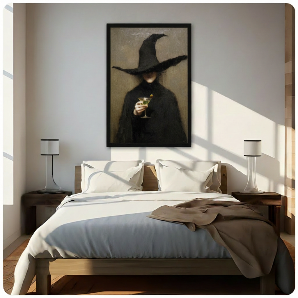 Dark gothic canvas wall art showing a witch holding a martini glass