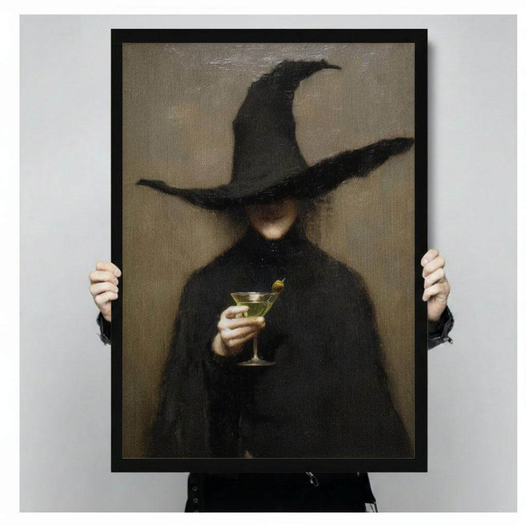 Dark gothic canvas wall art showing a witch holding a martini glass