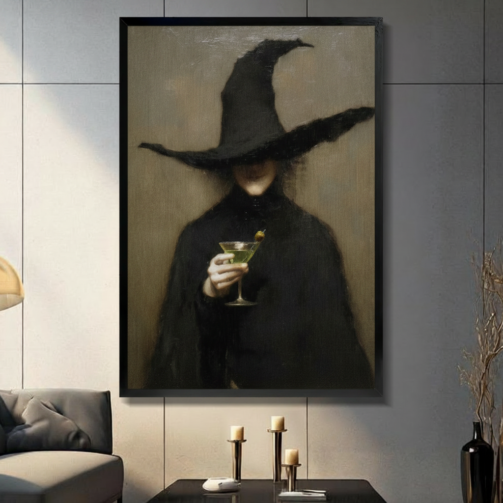 Dark gothic canvas wall art showing a witch holding a martini glass
