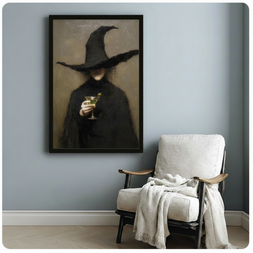 Dark gothic canvas wall art showing a witch holding a martini glass