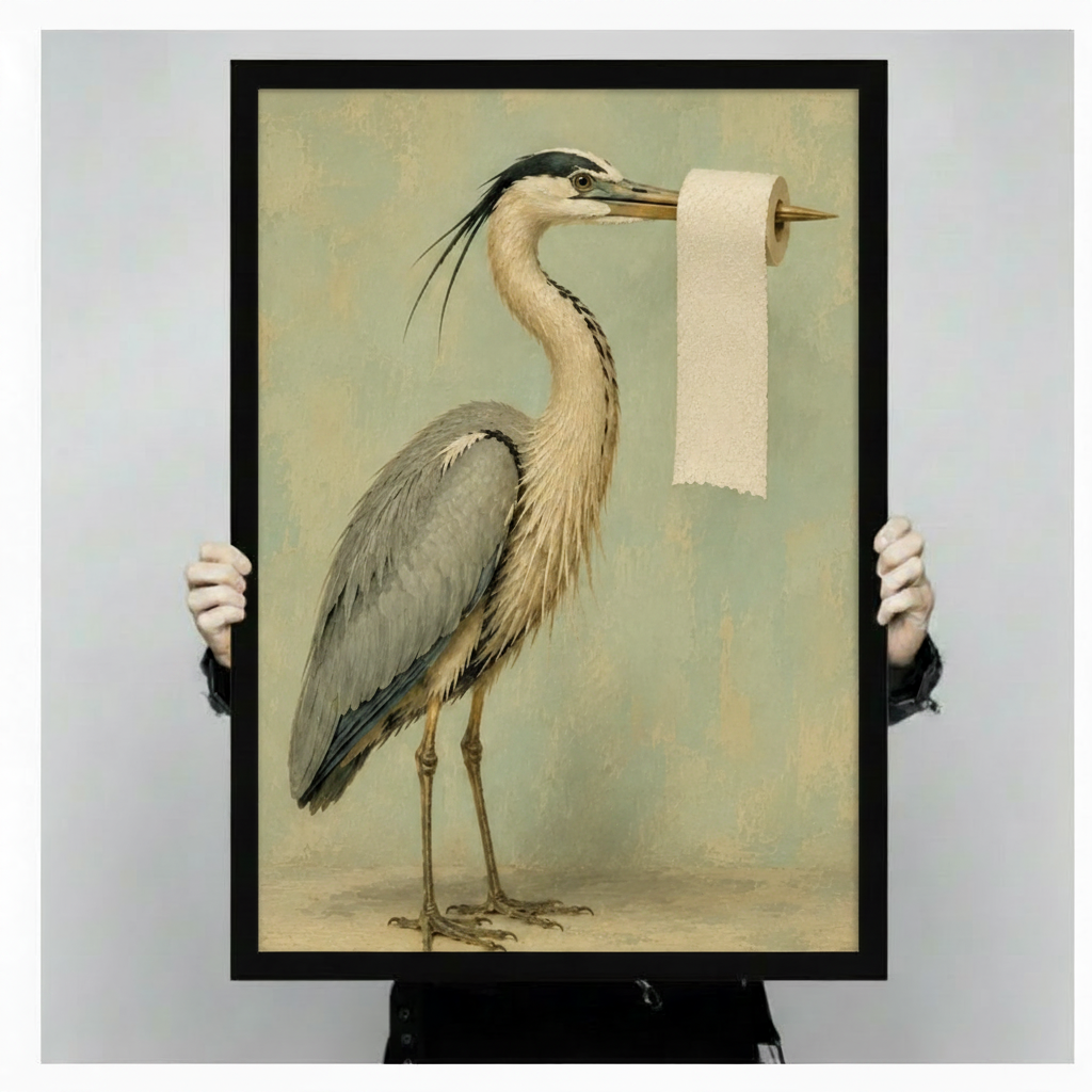 Vintage heron bathroom wall art holding a toilet paper roll