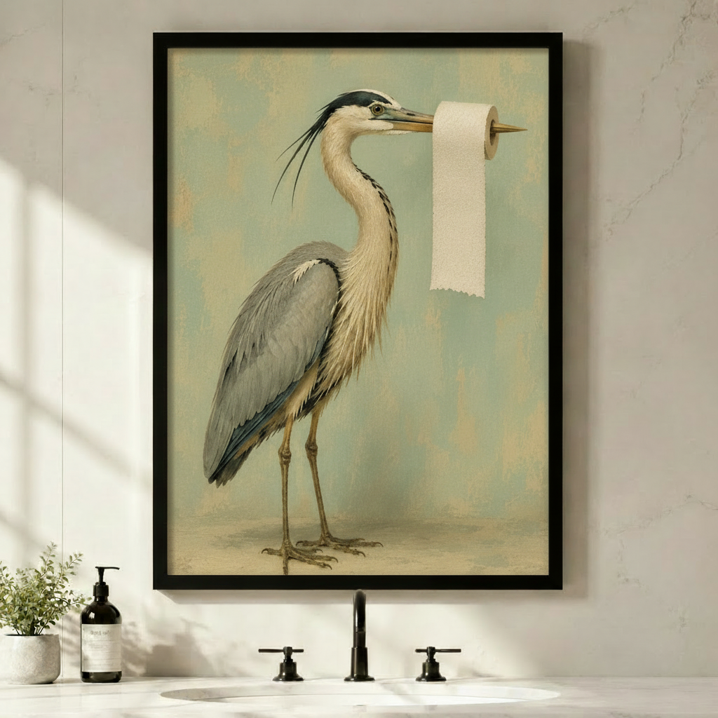 Vintage heron bathroom wall art holding a toilet paper roll