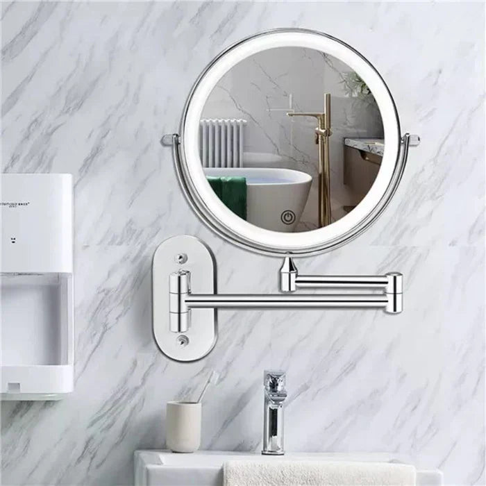 Round wall-mounted makeup mirror with LED light ring and swing arm