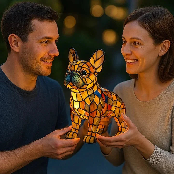 Illuminated multicoloured mosaic-style dog-shaped table lamp