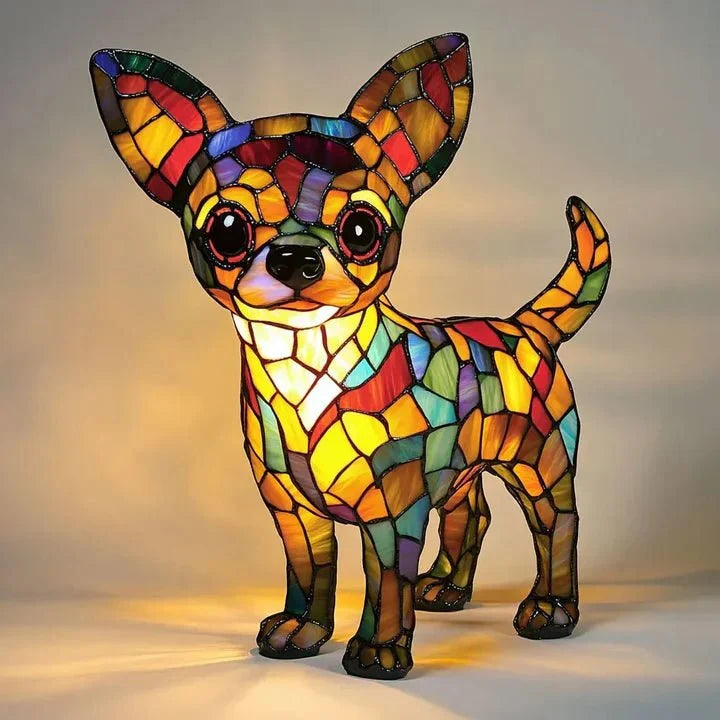 Illuminated multicoloured mosaic-style dog-shaped table lamp