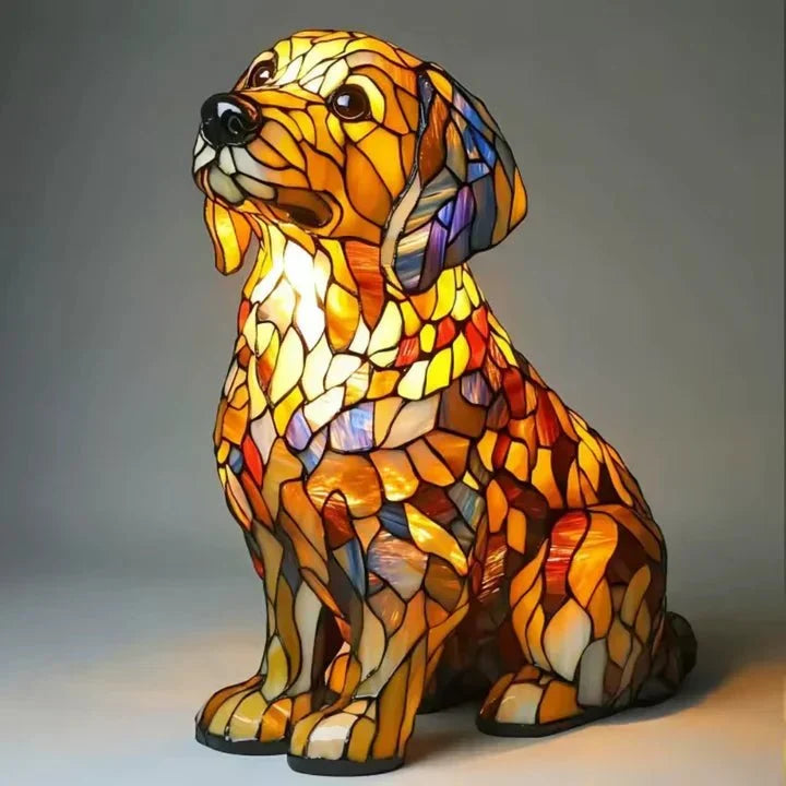 Illuminated multicoloured mosaic-style dog-shaped table lamp