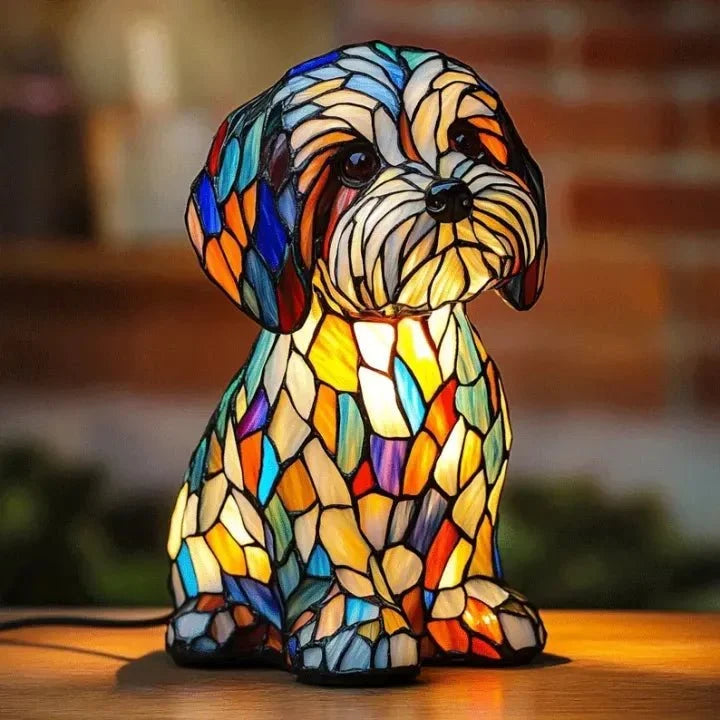 Illuminated multicoloured mosaic-style dog-shaped table lamp