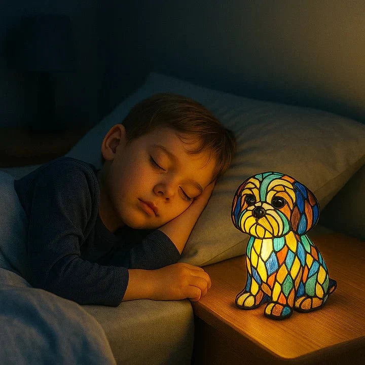 Illuminated multicoloured mosaic-style dog-shaped table lamp
