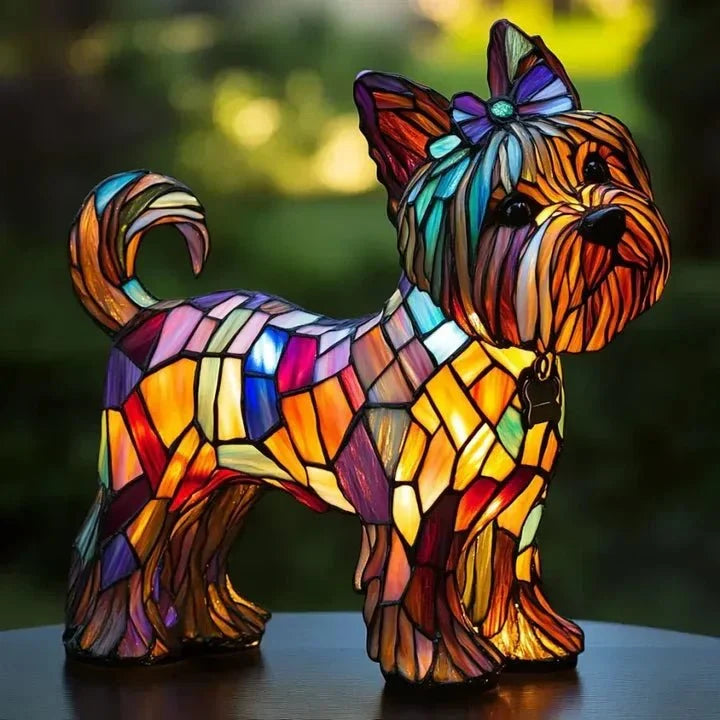 Illuminated multicoloured mosaic-style dog-shaped table lamp