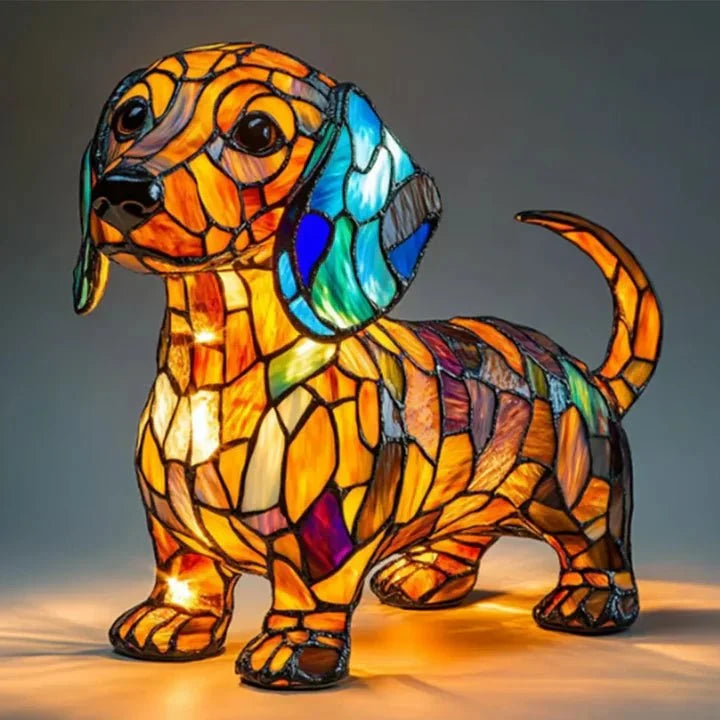 Illuminated multicoloured mosaic-style dog-shaped table lamp