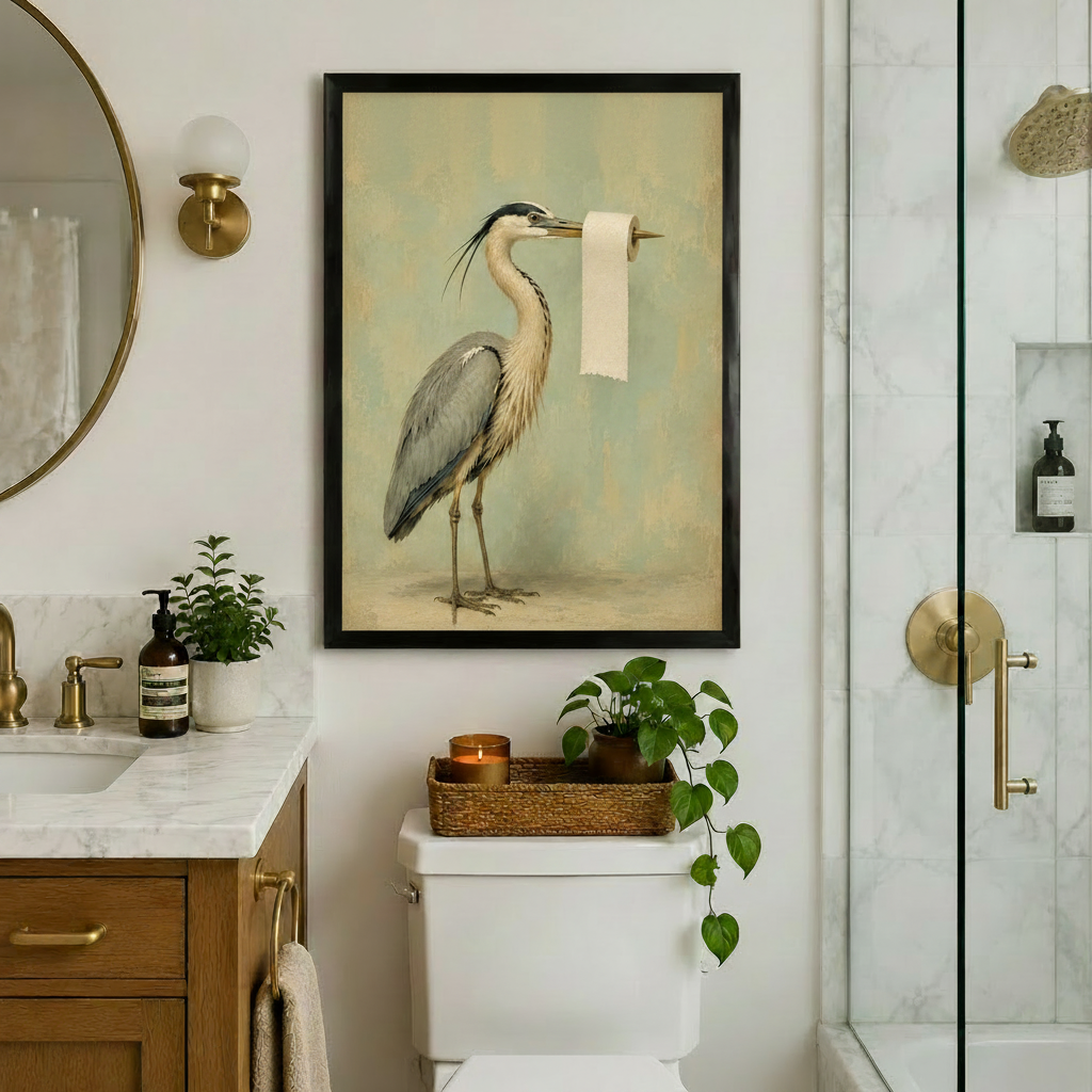 Vintage heron bathroom wall art holding a toilet paper roll