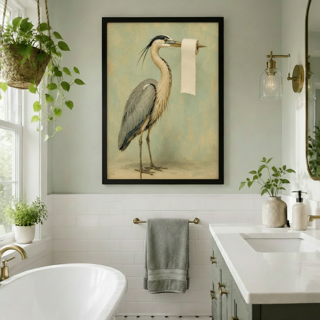 Vintage heron bathroom wall art holding a toilet paper roll