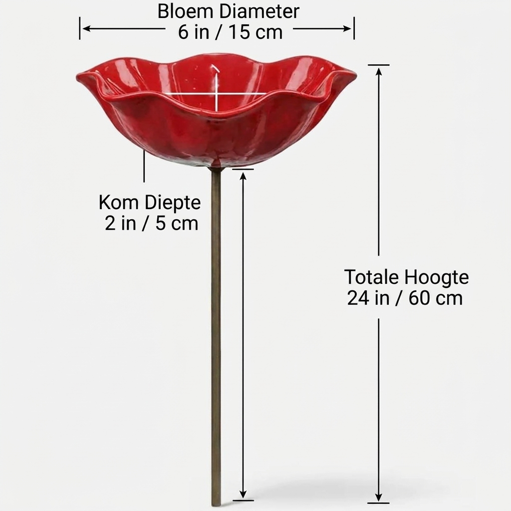 Red flower-shaped bird bath bowl on a black garden stake
