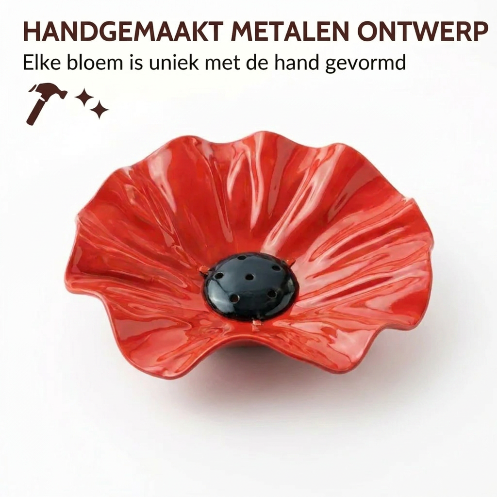 Red flower-shaped bird bath bowl on a black garden stake