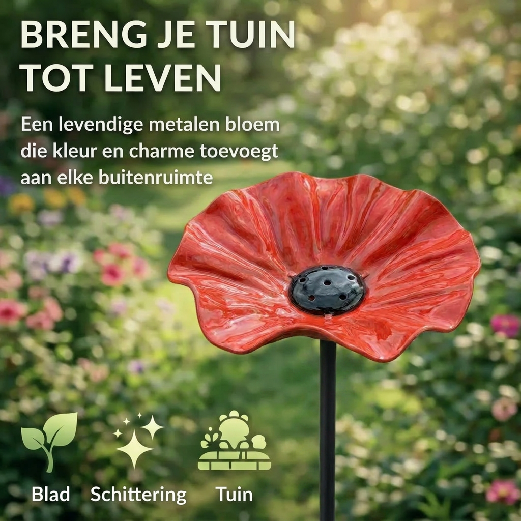 Red flower-shaped bird bath bowl on a black garden stake