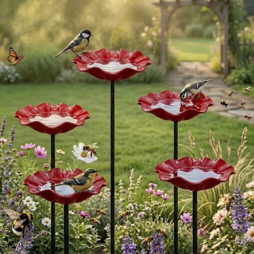 Red flower-shaped bird bath bowl on a black garden stake