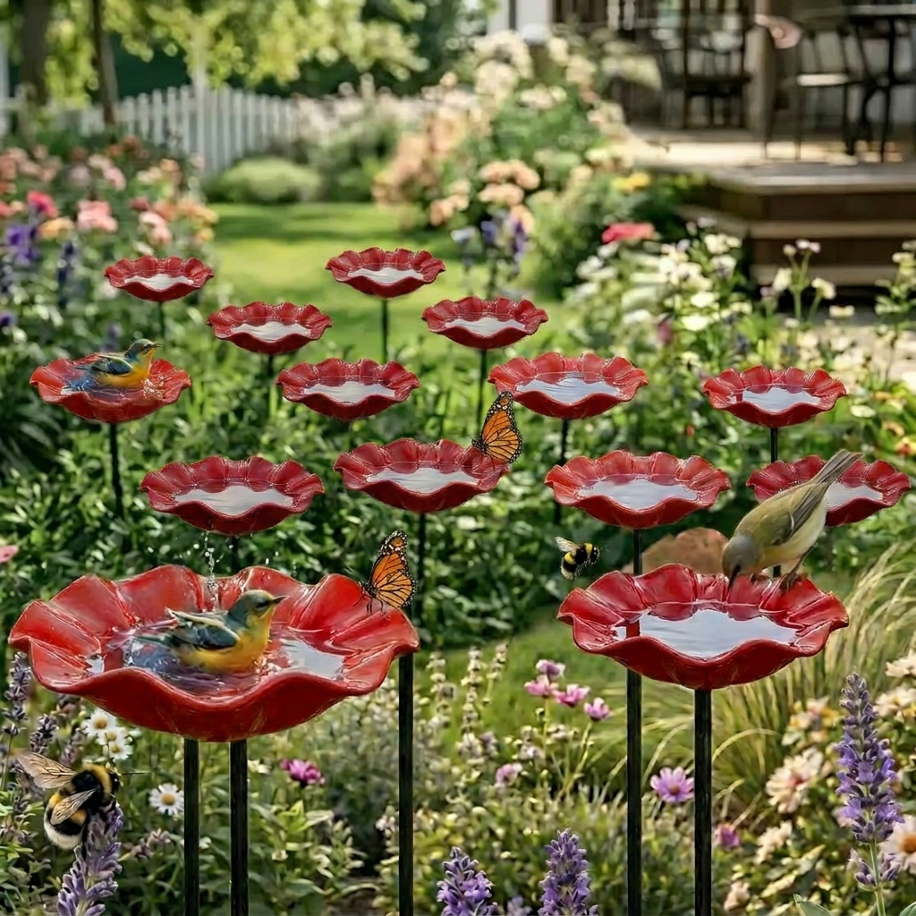 Red flower-shaped bird bath bowl on a black garden stake