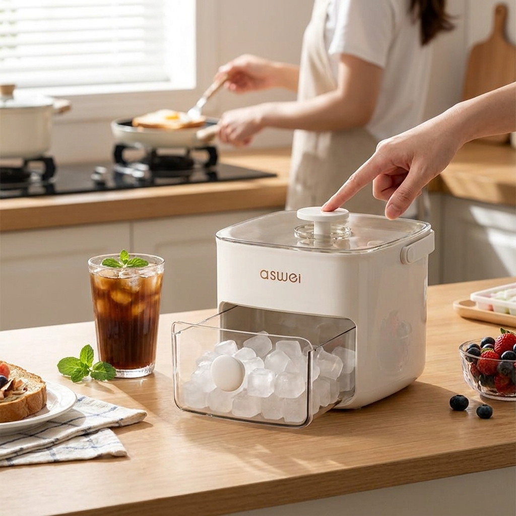 White countertop ice cube maker with transparent drawer and clear lid