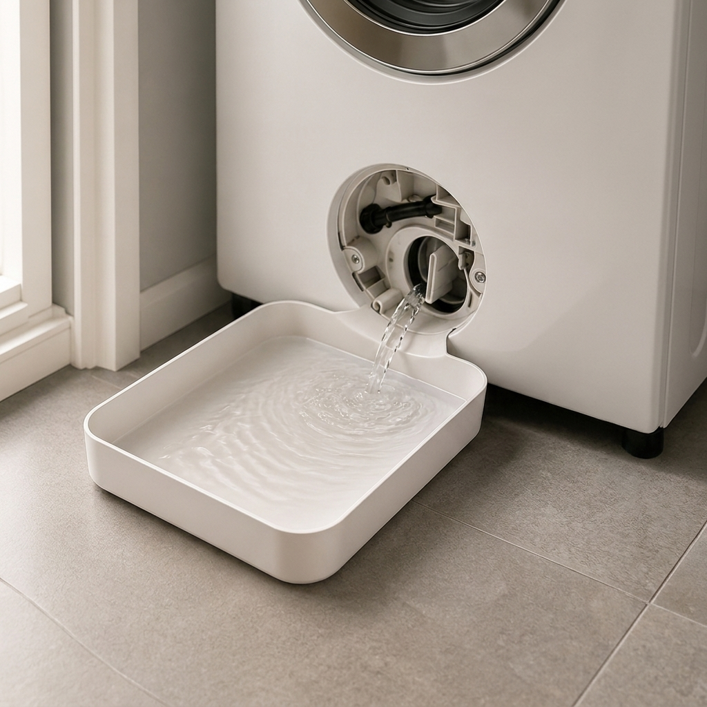 White low-profile drip tray beneath a washing machine filter opening