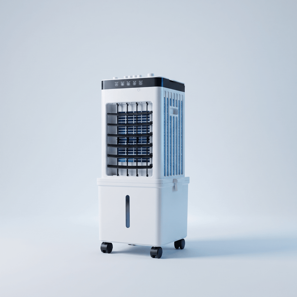 White portable air cooler and fan on wheels