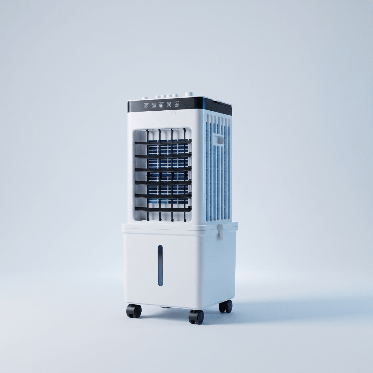White portable air cooler and fan on wheels
