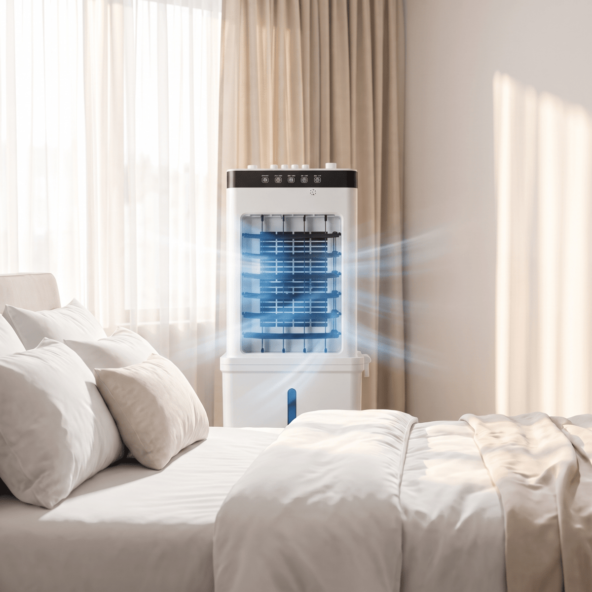 White portable air cooler with black control panel and castors