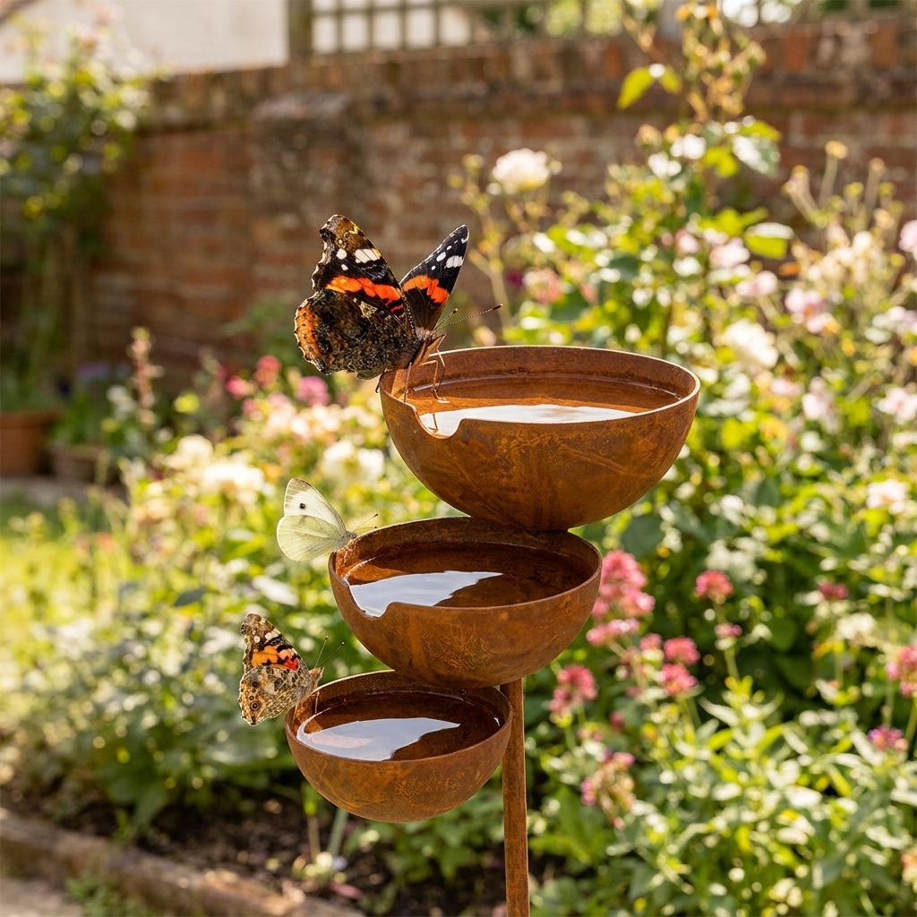Vintage brown three-tier bird bath with three bowl basins on a garden stake