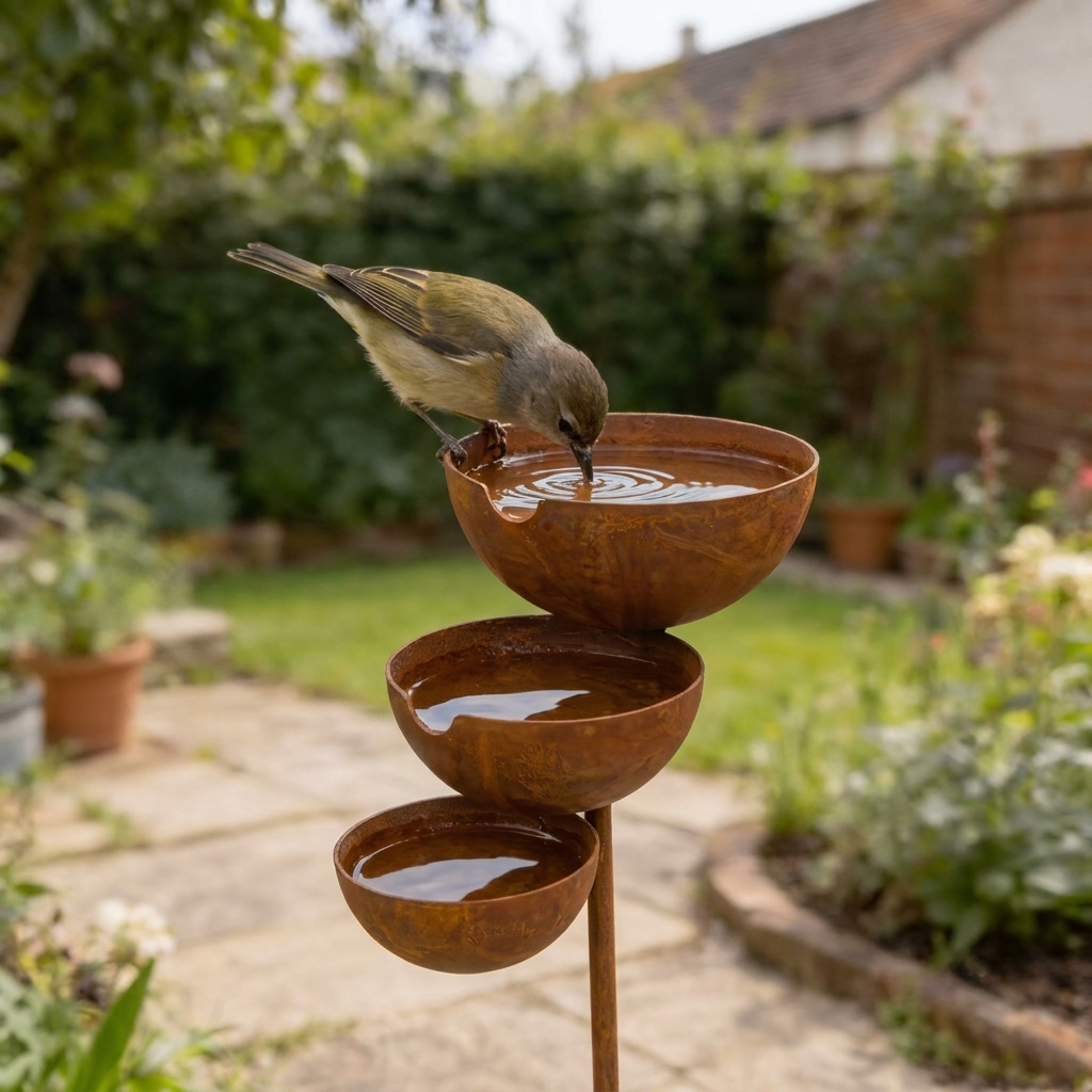 Vintage brown three-tier bird bath with three bowl basins on a garden stake