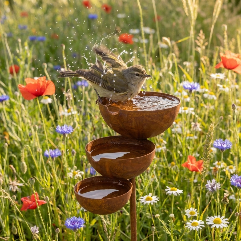 Vintage brown three-tier bird bath with three bowl basins on a garden stake