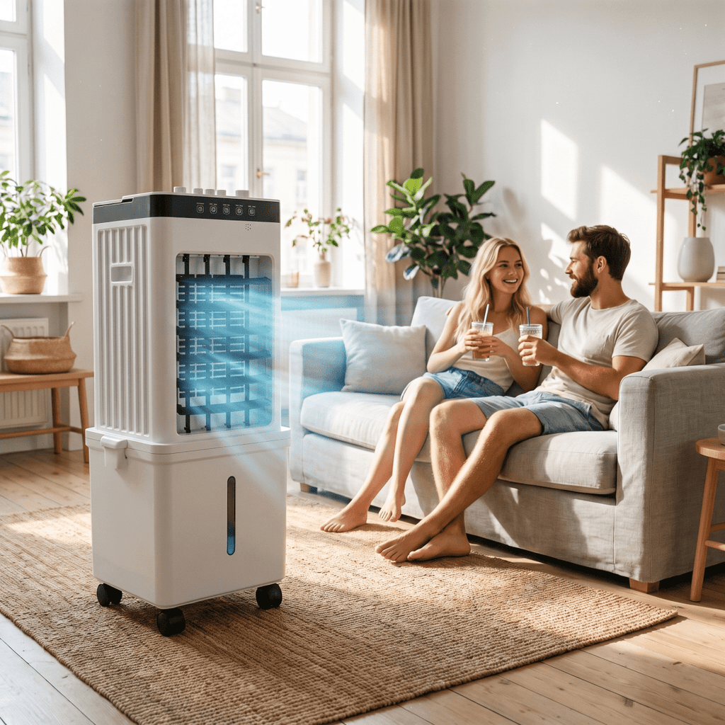 White portable air cooler with black control panel and castors