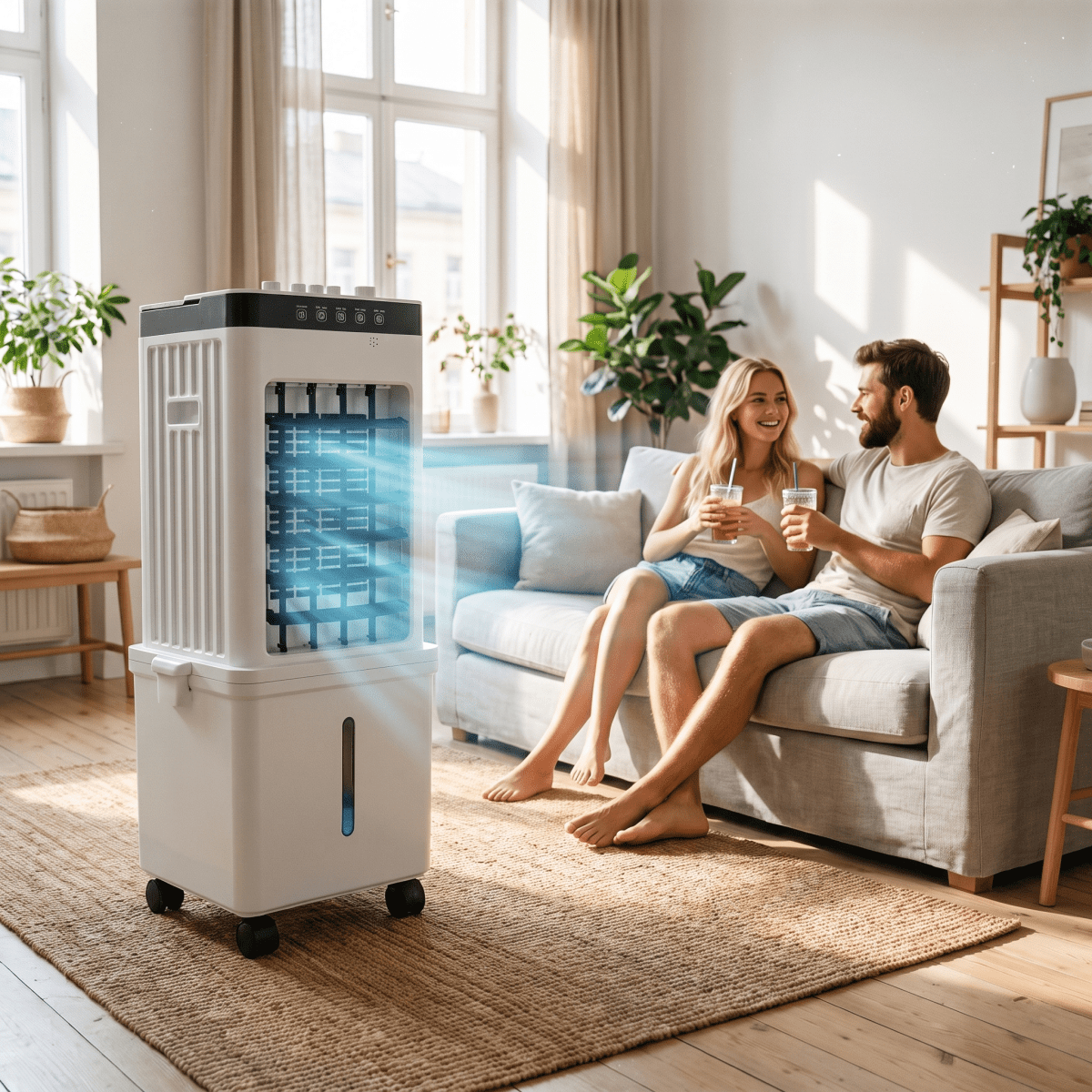 White portable air cooler with black control panel and castors