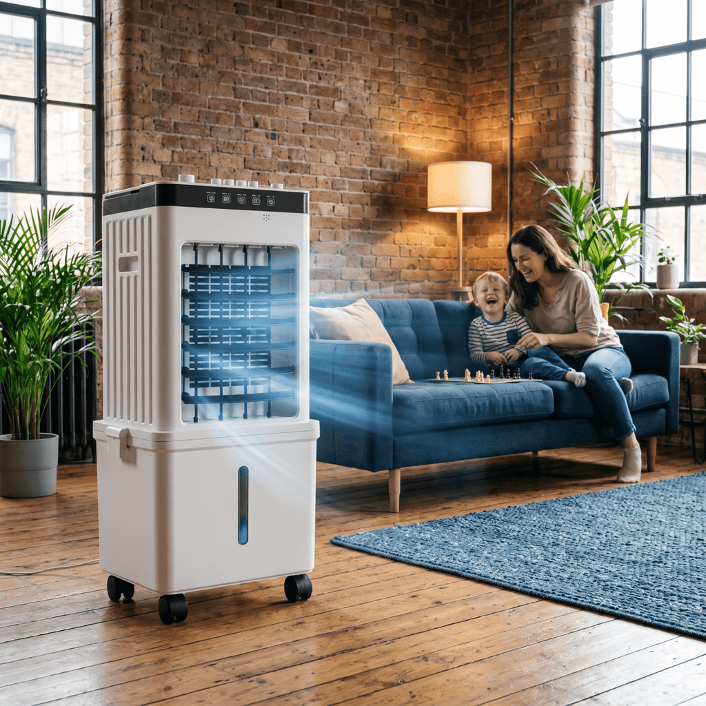 White portable air cooler and fan on wheels