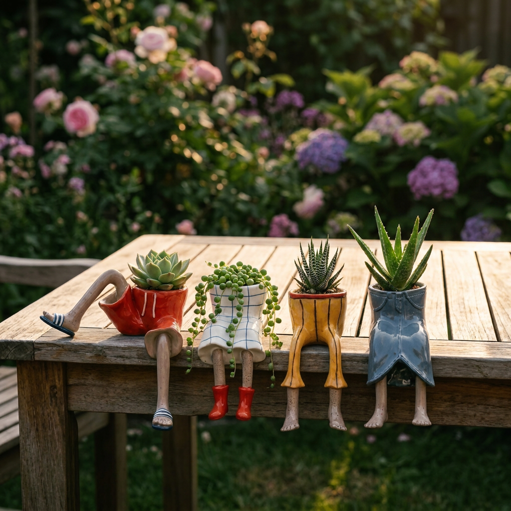 Decorative boot-shaped garden planter with sculpted legs