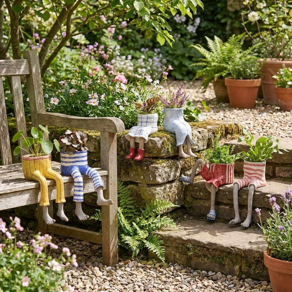 Decorative boot-shaped garden planter with sculpted legs