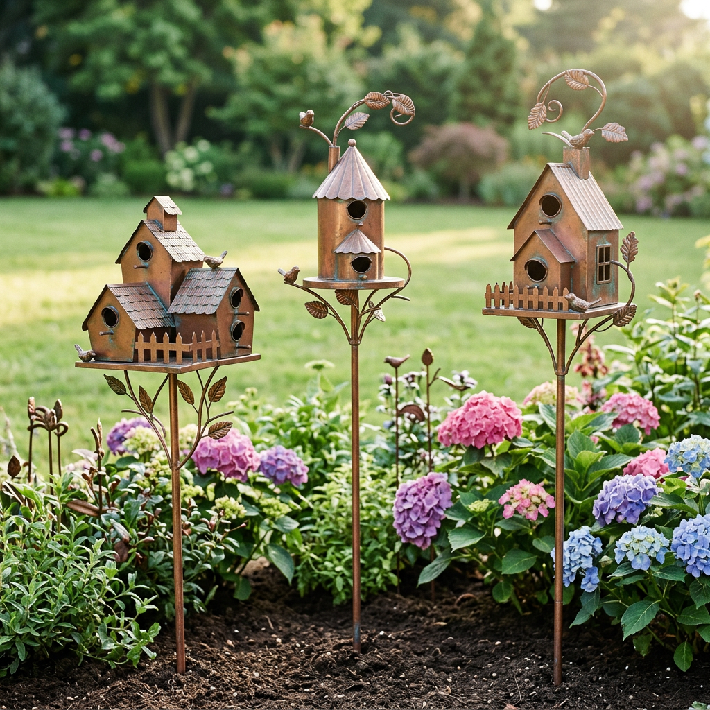 Brown decorative birdhouse garden stake with curved metal leaves