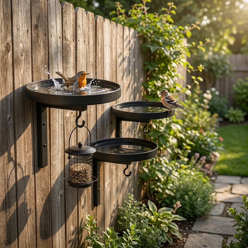Black wall-mounted bird feeding station with water trays and hanging seed feeder