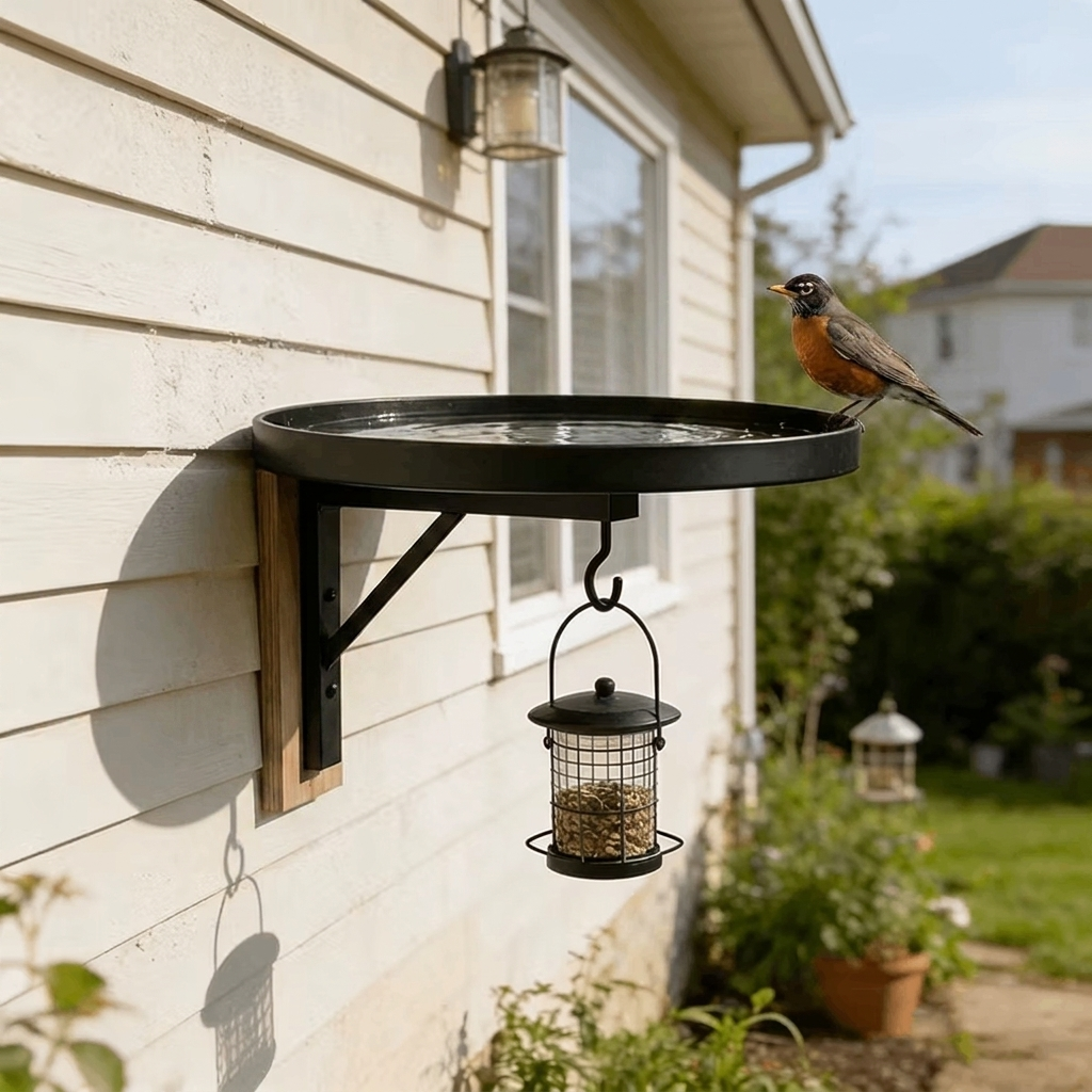 Black wall-mounted bird feeding station with water trays and hanging seed feeder