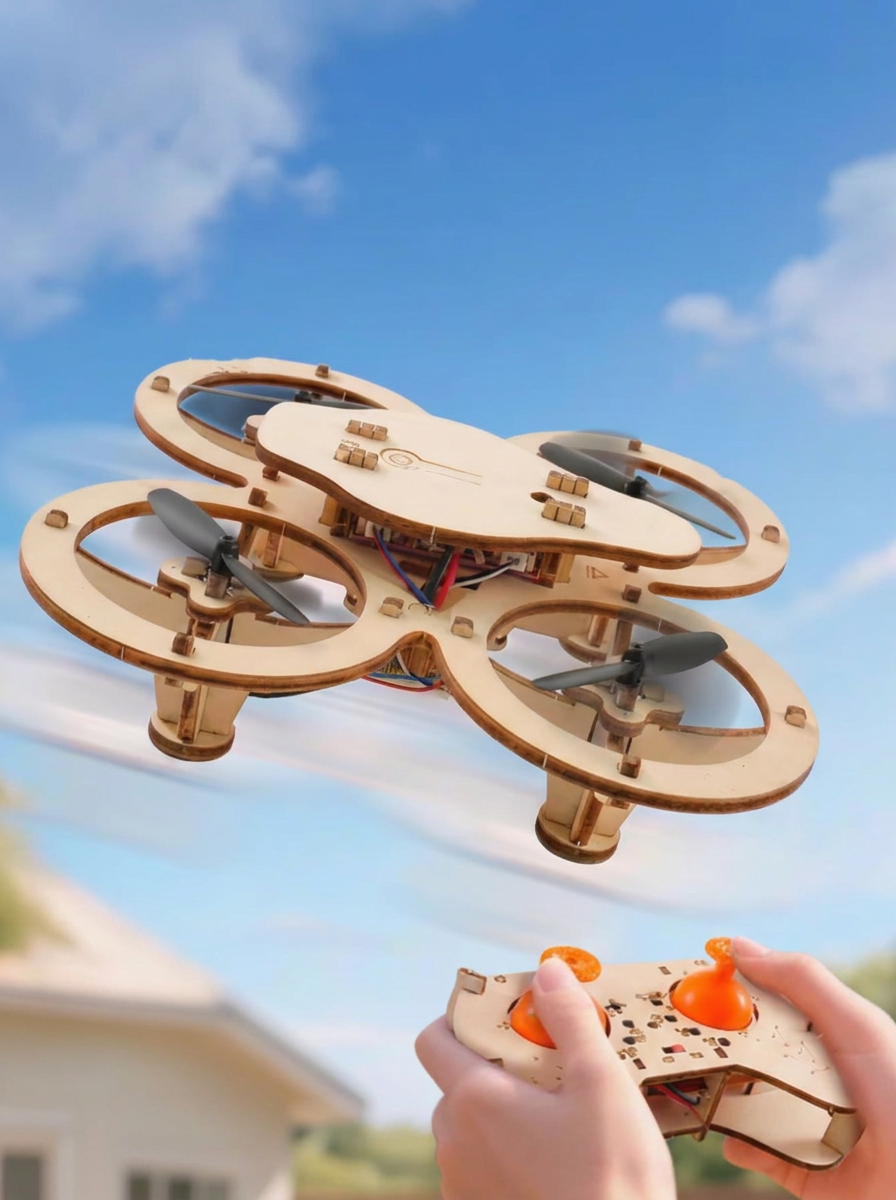 Wooden DIY quad-rotor drone kit with handheld controller