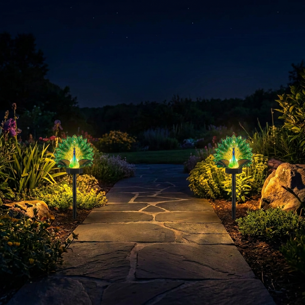 Green illuminated peacock solar garden light with feather display and ground stake